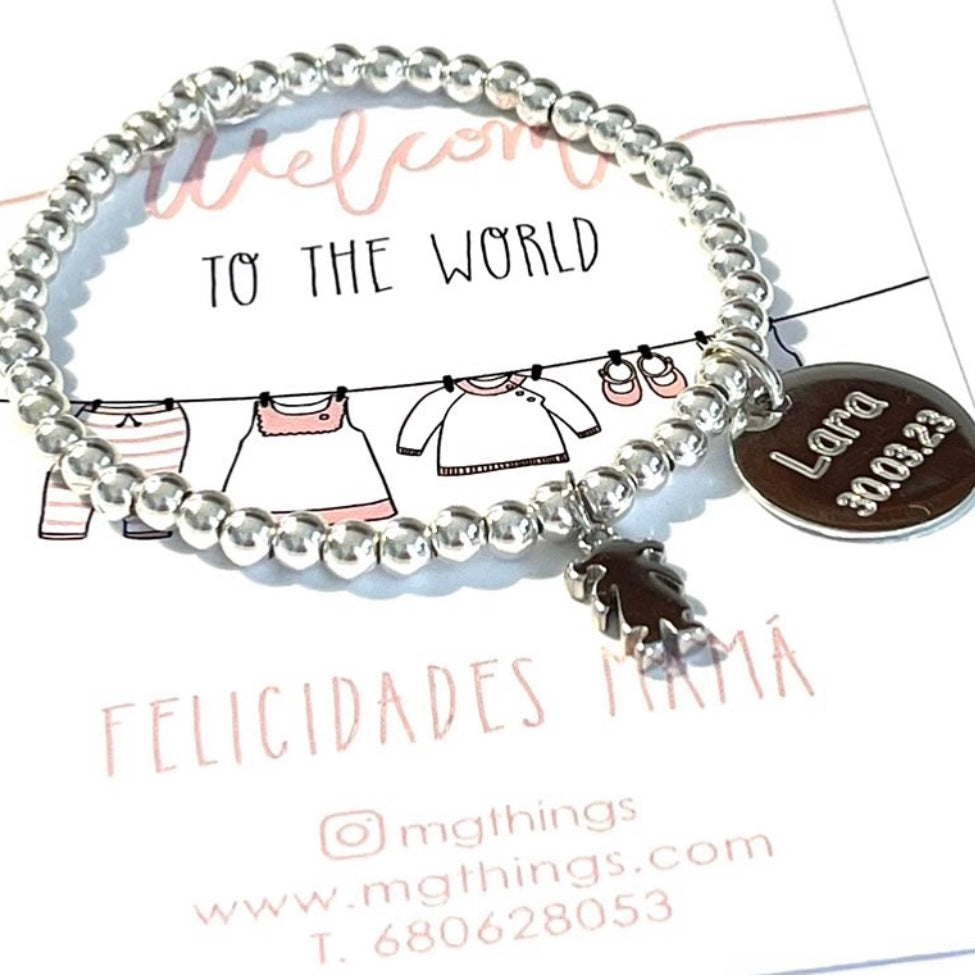 Pulsera elástica  personalizada con bolitas de plata y medalla 17mm