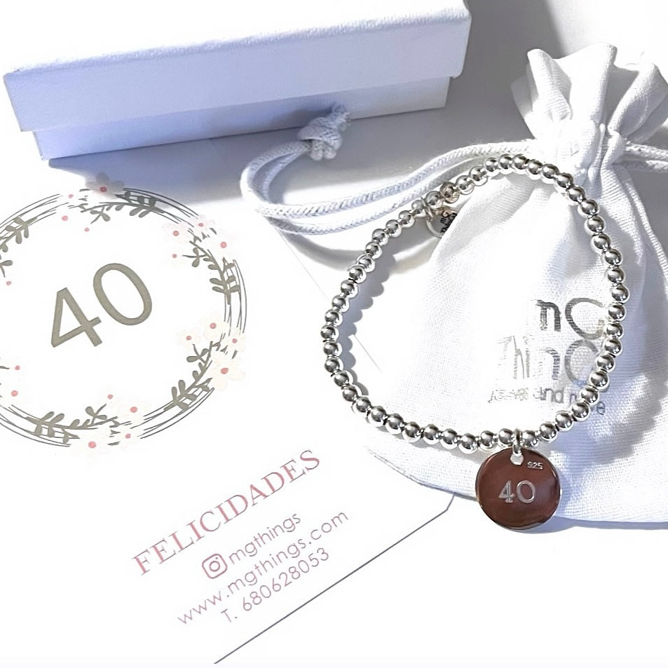 Pulsera personalizada de bolitas de plata con medalla 15mm.