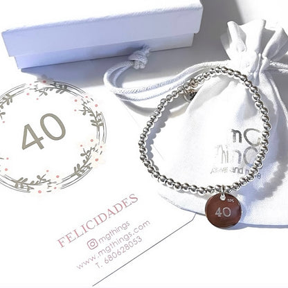 Pulsera personalizada de bolitas de plata con medalla 15mm.