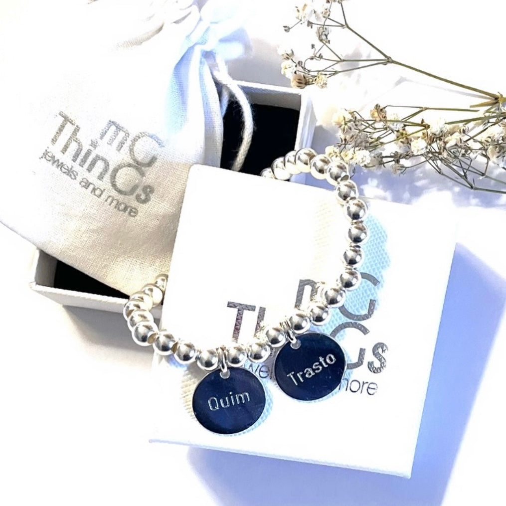 Pulsera personalizada de bolitas de plata con medalla 15mm.