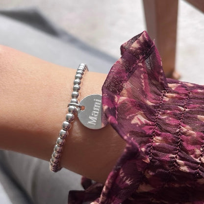 Pulsera personalizada de bolitas de plata con medalla 15mm.