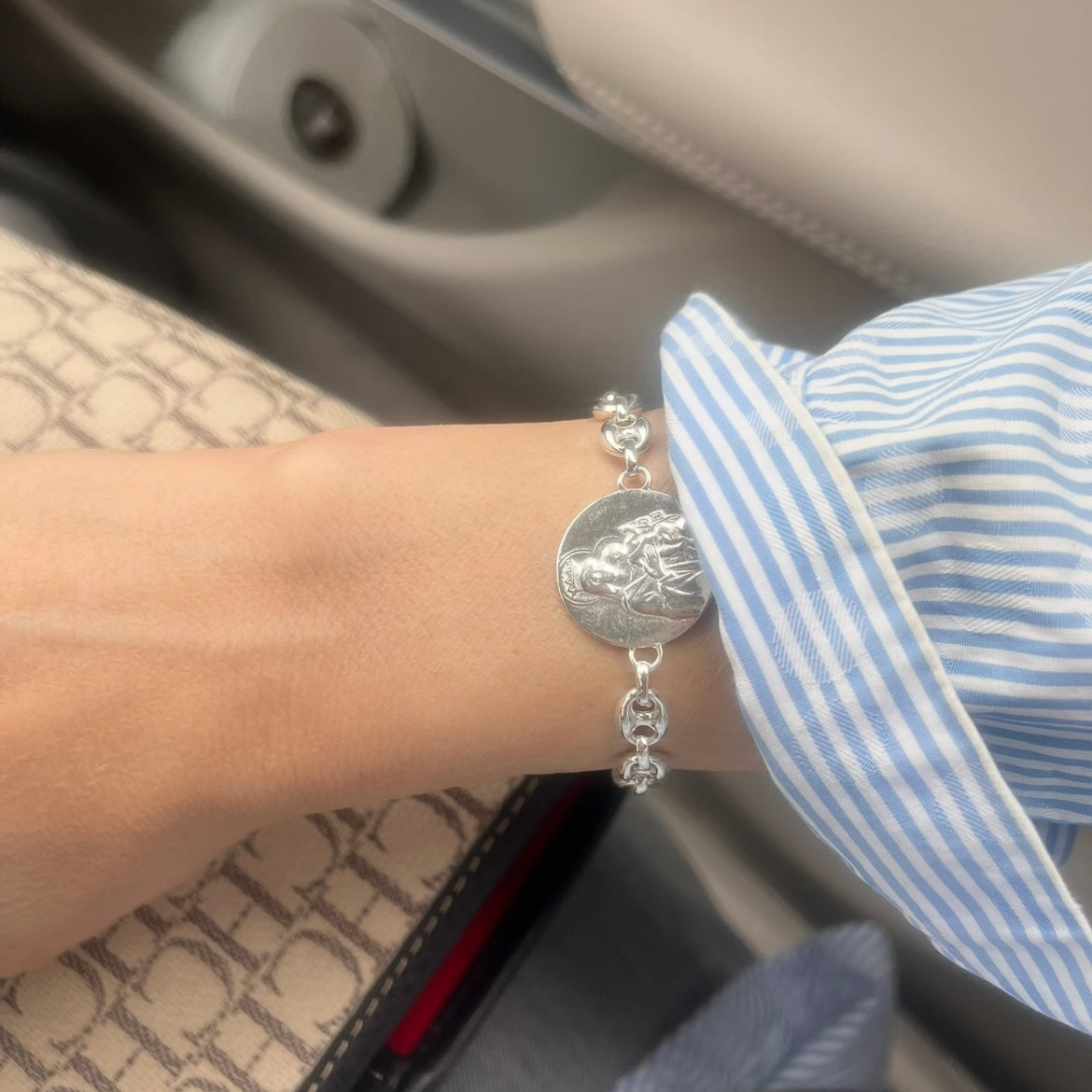 Pulsera Escapulario de calabrotes de plata de ley con medalla de 17 mm o 19 mm