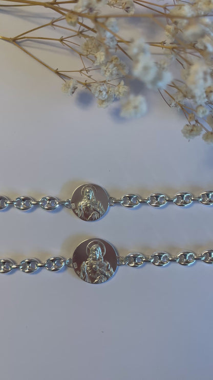 Pulsera Escapulario de calabrotes de plata de ley con medalla de 17 mm o 19 mm